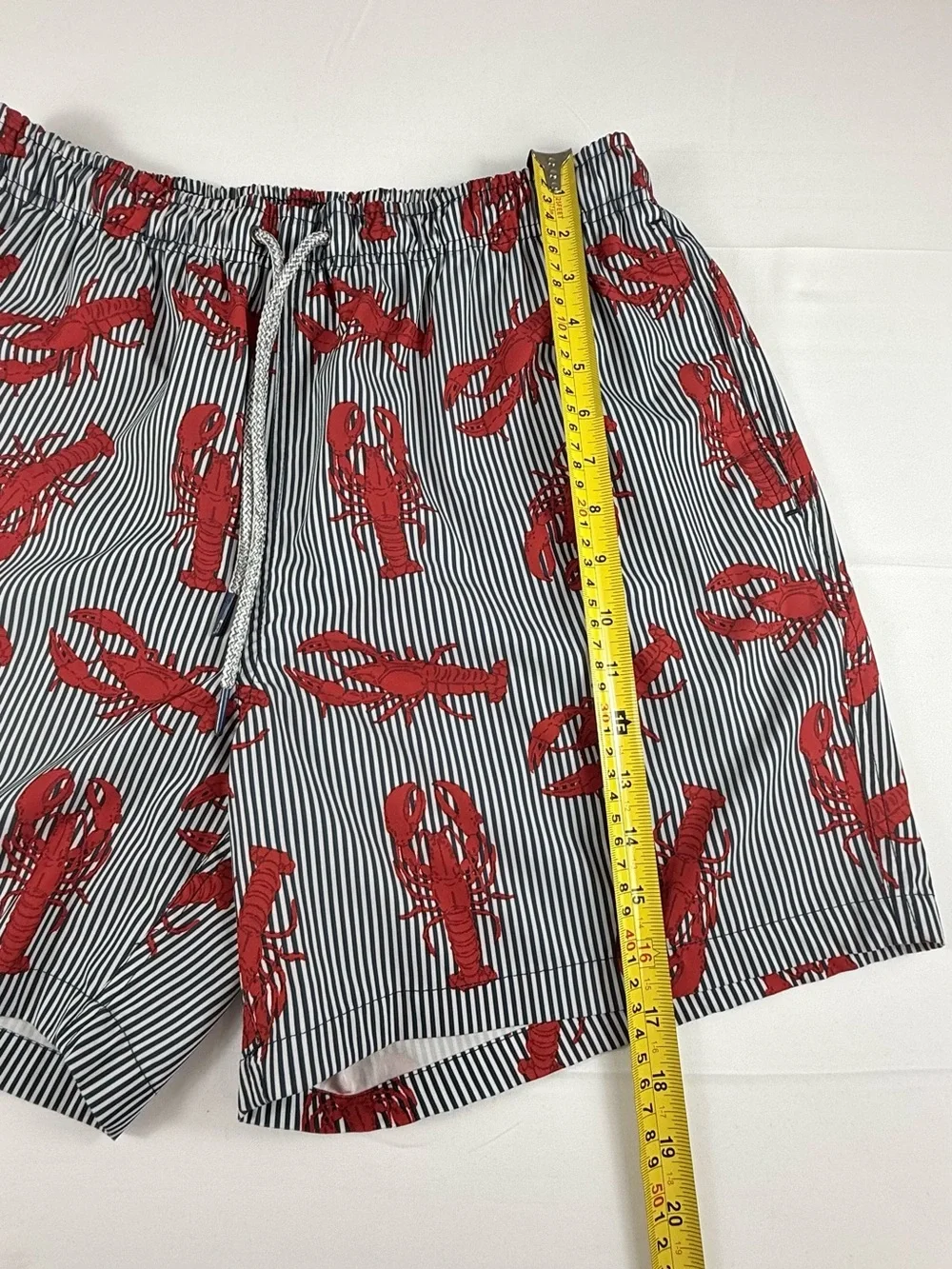 RAINFOREST Men's Red Lobster Print Swim Trunks on Navy Stripe